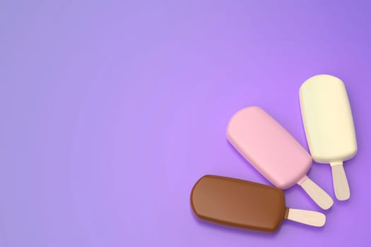 Three chocolate coated ice creams on purple background, top view