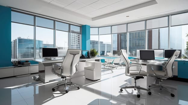 Inspiring office interior design Modern style Corporate Office with Open Space Design featuring Floor-to-ceiling windows architecture. Generative AI AIG 31.