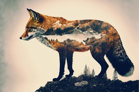 Contemporary abstract artwork double exposure of red fox and forest landscape design, concept of animal and natural wilderness adventure. Superb Generative AI.