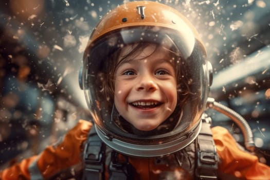 kid in spacesuit helmet floating through school. beautiful Generative AI AIG32