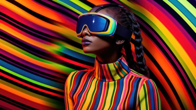 Young african female model wearing VR posing with trendy fashion outfit and colorful vibrant glowing lime green optical art abstract background. Picturesque generative AI