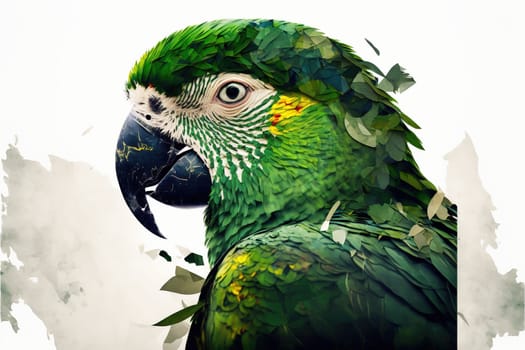 Contemporary abstract artwork double exposure of green parrot and forest landscape design, concept of animal and natural wilderness adventure. Superb Generative AI.