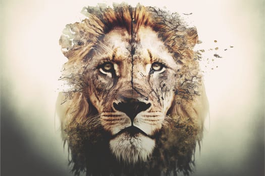 Modern design male lion with double exposure background of african jungle and savanna landscape as concept of the natural adventure and majestic wildlife animal. Superb Generative AI.