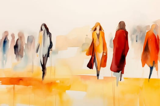 Watercolor illustration: panorama of city street with women walking people. Generative ai.