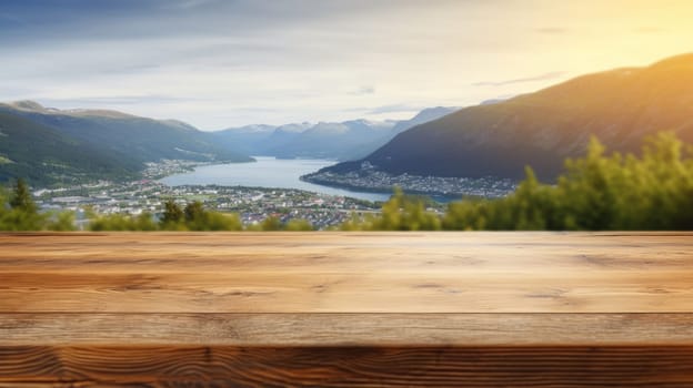 The empty wooden brown table top with blur background of Norway in summer. Exuberant image.