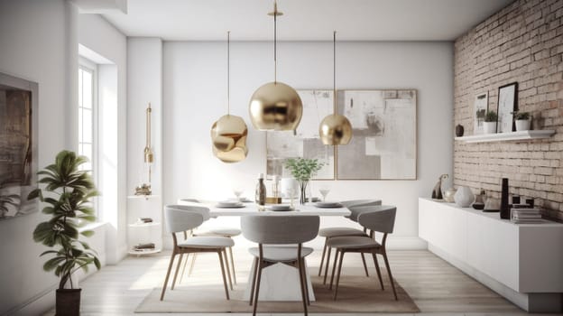 Interior design inspiration of Contemporary Scandinavian style home dining room loveliness decorated with Brick and White plaster material and Statement wall .Generative AI home interior design .