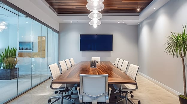 Inspiring office interior design Contemporary style Meeting Room featuring Large conference table architecture. Generative AI AIG 31.