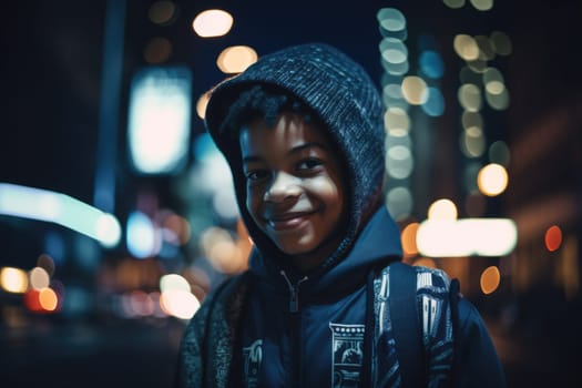 Low angle shot of a young african-american 10-year-old little boy trendy clothes using mobile phone with background of urban city street at night. Generative AI AIG18.