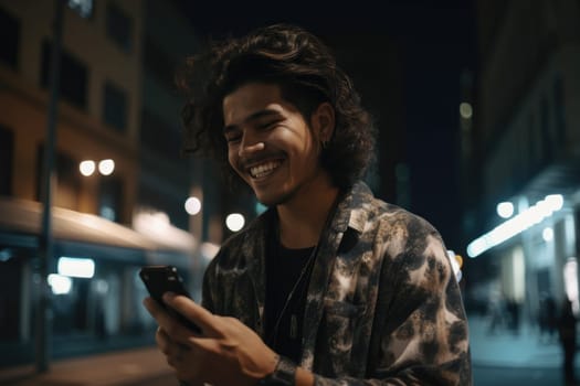 Wide angle shot of a young mexican hispanic man trendy clothes using mobile phone with background of urban city street at night. Generative AI AIG18.