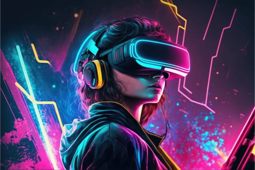 A young man in VR glasses playing video games with virtual reality headset. Concept of gaming in cyberpunk lifestyles. Finest generative AI.