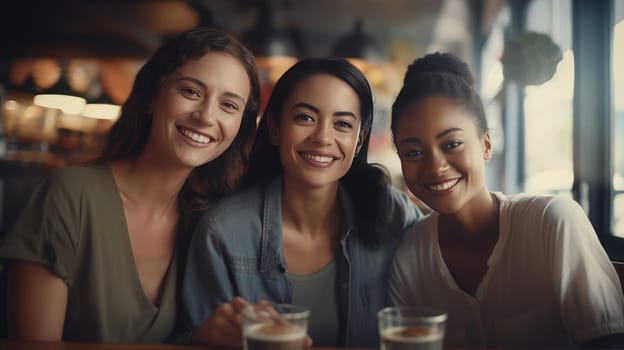 Three friends are chatting in a cafe. Smiling at each other