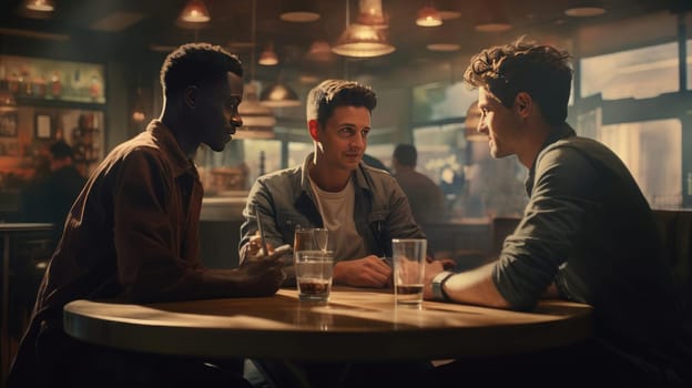 Three friends are chatting in a cafe. Smiling at each other