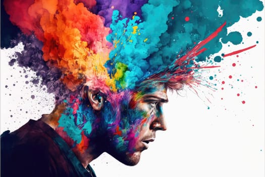 Explosion of colors out of an artist in concept of creative and art inspiration. Element of blending mixed watercolor technique. Finest generative AI.