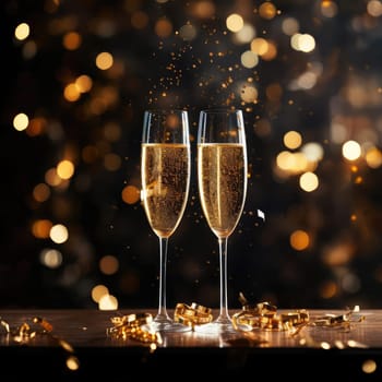 Two glasses of champagne on a blurred background with a golden hue