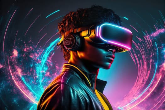 A young man in VR glasses playing video games with virtual reality headset. Concept of gaming in cyberpunk lifestyles. Finest generative AI.