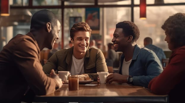 Three friends are chatting in a cafe. Smiling at each other