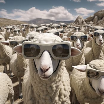 A herd of sheep wearing virtual reality glasses. A vision for the future