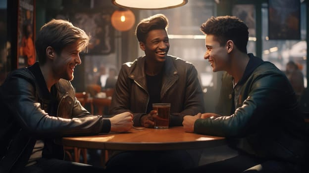 Three friends are chatting in a cafe. Smiling at each other