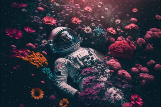 Astronaut laying in the colorful flower garden with top view. Concept of the relaxation in space cinematic fantasy dark light. Finest generative AI.