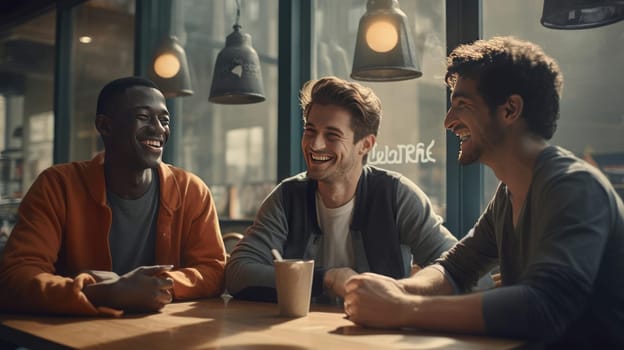 Three friends are chatting in a cafe. Smiling at each other