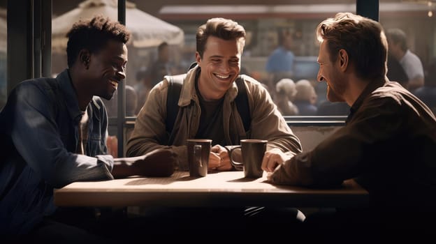 Three friends are chatting in a cafe. Smiling at each other