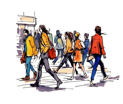Illustration: crowd of people walking along a city street. Sketch made with marker and watercolor. Generative ai.