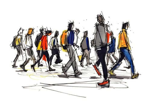 Illustration: crowd of people walking along a city street. Sketch made with marker and watercolor. Generative ai.