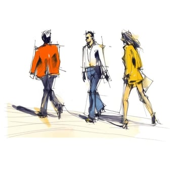 Illustration: three people walking along city street. Sketch made with marker and watercolor. Generative ai.