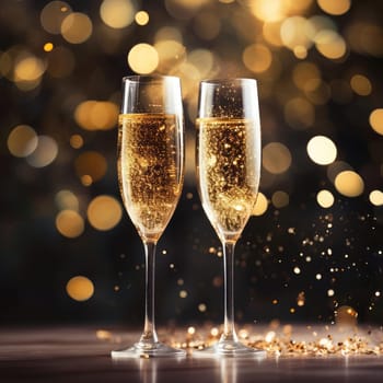 Two glasses of champagne on a blurred background with a golden hue