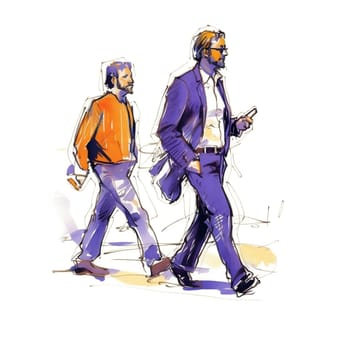 Illustration: two men in business suits walking along city street. Sketch made with marker and watercolor. Generative ai.