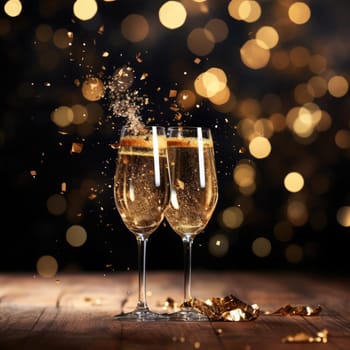 Two glasses of champagne on a blurred background with a golden hue