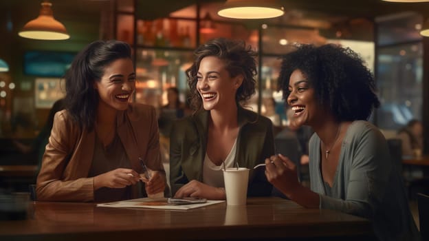 Three friends are chatting in a cafe. Smiling at each other