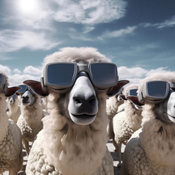 A herd of sheep wearing virtual reality glasses. A vision for the future