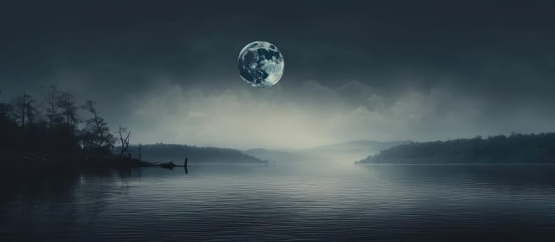 Dramatic landscape. Lesi and the lake against the background of the moon. Cinematic