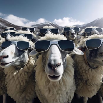 A herd of sheep wearing virtual reality glasses. A vision for the future