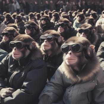 A crowd of monkeys wearing virtual reality glasses. A vision for the future