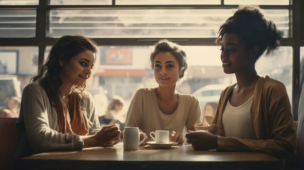 Three friends are chatting in a cafe. Smiling at each other