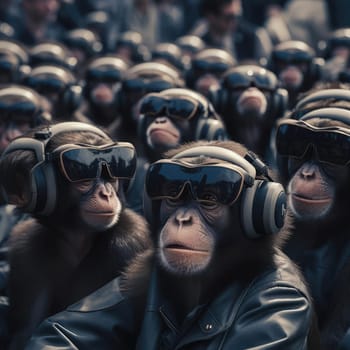 A crowd of monkeys wearing virtual reality glasses. A vision for the future