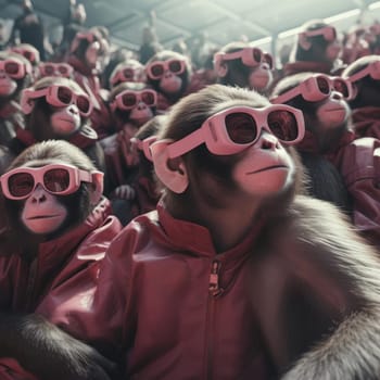 A crowd of monkeys wearing virtual reality glasses. A vision for the future