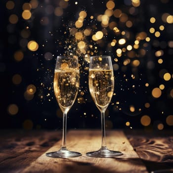 Two glasses of champagne on a blurred background with a golden hue