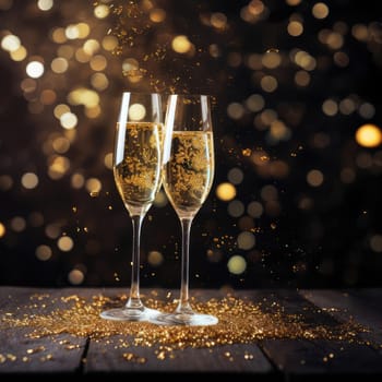 Two glasses of champagne on a blurred background with a golden hue