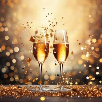 Two glasses of champagne on a blurred background with a golden hue