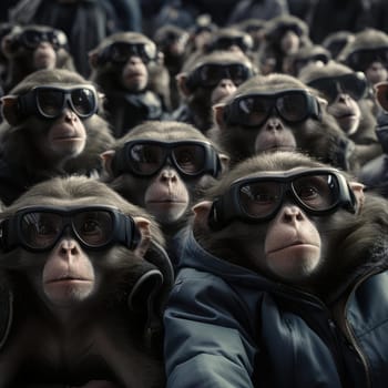 A crowd of monkeys wearing virtual reality glasses. A vision for the future