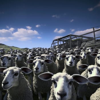 A herd of sheep wearing virtual reality glasses. A vision for the future