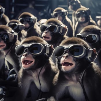 A crowd of monkeys wearing virtual reality glasses. A vision for the future