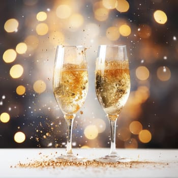 Two glasses of champagne on a blurred background with a golden hue