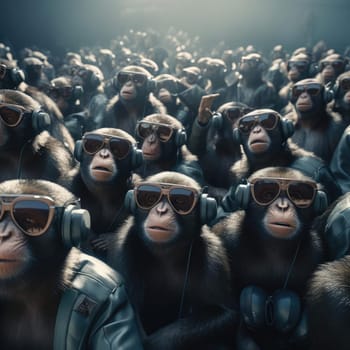 A crowd of monkeys wearing virtual reality glasses. A vision for the future