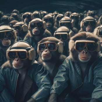 A crowd of monkeys wearing virtual reality glasses. A vision for the future