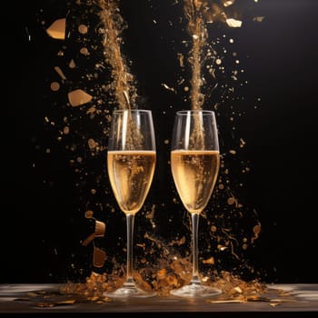 Two glasses of champagne on a blurred background with a golden hue