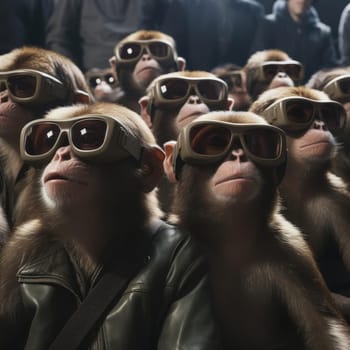 A crowd of monkeys wearing virtual reality glasses. A vision for the future